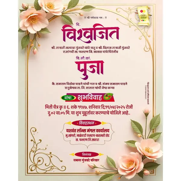 Custom Floral Stylish Wedding Invitation Card in Marathi 2026